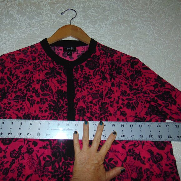 Nicole by Nicole Miller Ombre Pink Sheer Black Floral Button Up Collar Blouse L - Picture 4 of 11